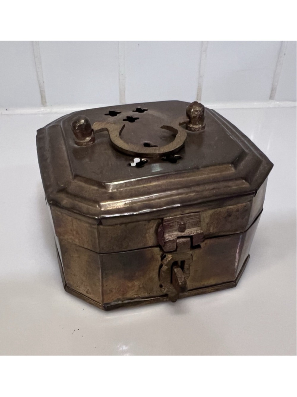 Vintage Brass Indian Cricket Box Decorative Trinkets Incense Octagon Shape